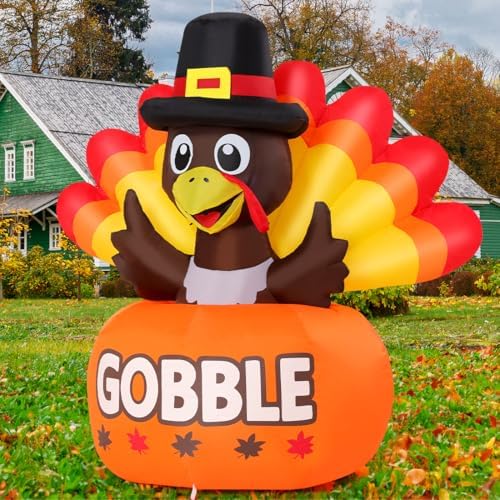 GOOSH 4FT Thanksgiving Inflatables Turkey Outdoor Decorations with Built-in LED Lights,Blow Up Turkey with Pumpkin for Lawn Yard Garden Party House Holiday Decor