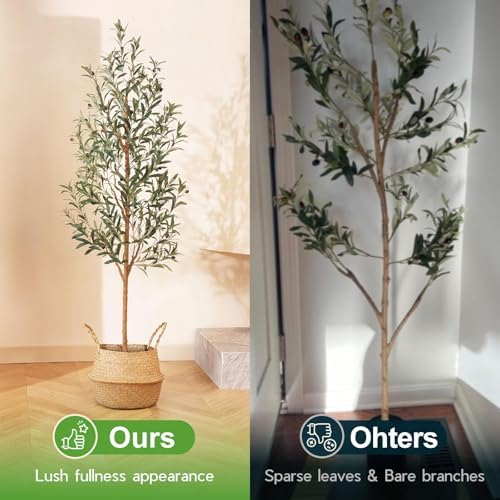 Kazeila 6FT Artificial Olive Tree with Real Wood Trunk & Woven Basket