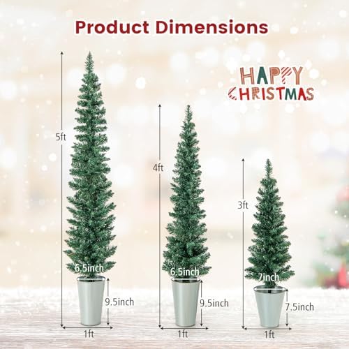 Goplus Set of 3 Artificial Christmas Tree, 3' 4' 5' Slim Pencil Xmas Tree with Silver Metal Buckets, Faux Potted Christmas Trees for Front Porch Entrance Indoor Festive Holiday Party Office Home Decor