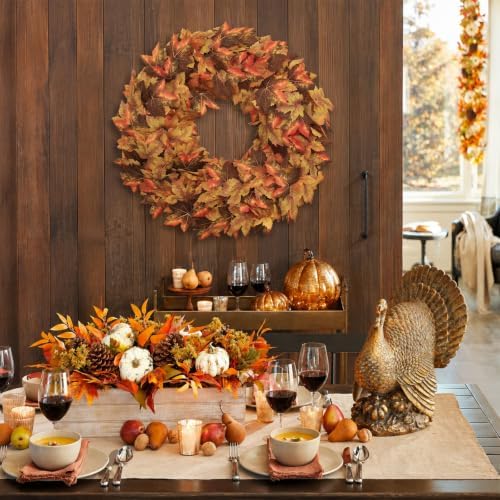 20" Fall Wreath for Front Door, Artificial Maple Leaves Autumn Wreath