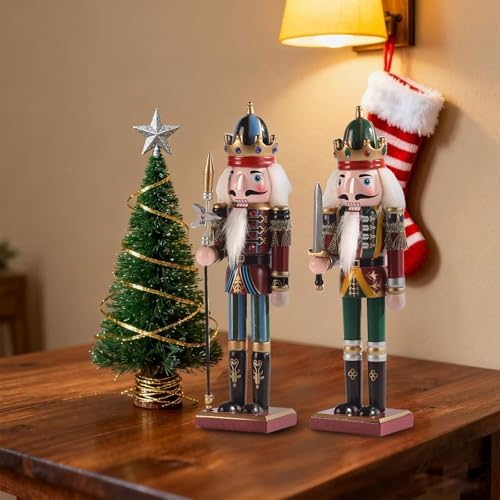 12-Inch Christmas Nutcracker Figurines, Set of 2 Traditional Wooden King & Soldier with Sword & Spear, Handcrafted Standing Holiday Decorations for Fireplace, Shelf, or Tabletop Display