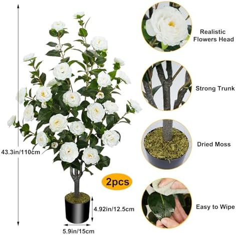 2 Pack 43.3"/3.6FT Artificial Camellia Trees for Outdoor