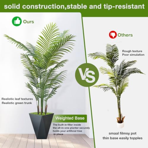 Artificial Palm Trees 6FT Tall Fake Palm Tree Indoor,Faux Tropical Areca Floor Plant with Black Planter, Fake Silk Plants in Pot for Home Office Living Room Bedroom Decor
