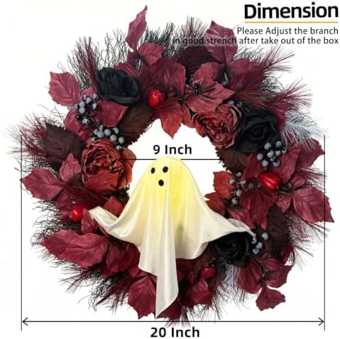 HipTree 20 Inch Lighted Ghost Halloween Wreath for Front Door
