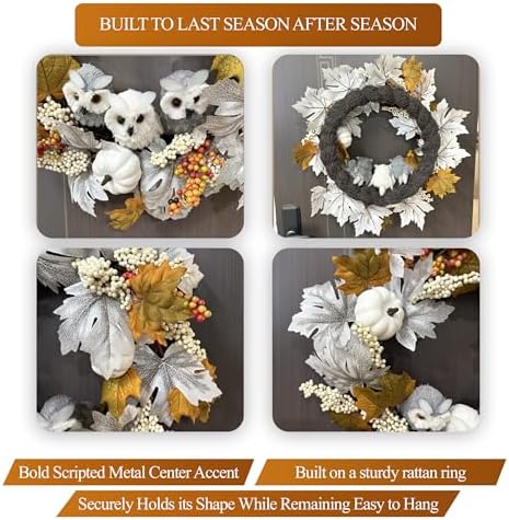 21 Inch Owl Pumpkin Fall Wreath - Autumn & Thanksgiving Door Decor