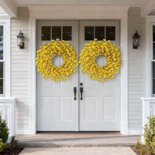 24" Artificial Yellow Forsythia Flower Wreath for Front Door Decor (Yellow)