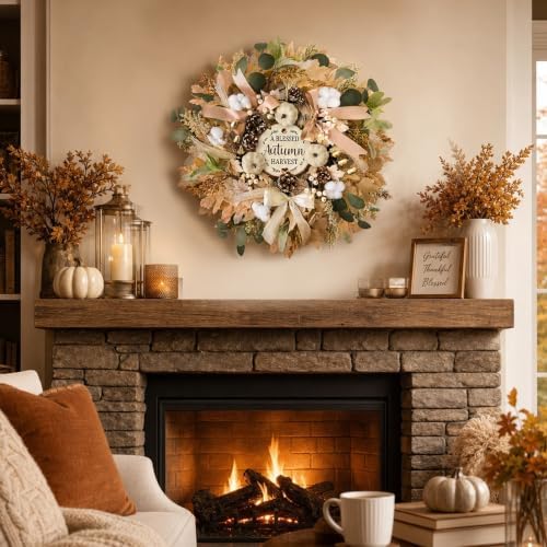 24'' Fall Wreaths for Front Door with Lights and Timer, Farmhouse