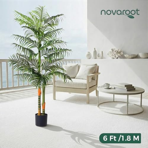 5FT Artificial Palm Tree Tall Plant with Planter & Moss, Realistic 2-Trunk Artificial Tree with Lights, Lifelike Leaves Fake Palm Tree, Low Maintenance Palm Tree Decor for Home Office Living Room