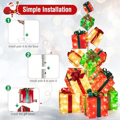Tangkula 5.6 FT Christmas Lighted Gift Box Tower, 15 PCS Stacked Boxes Tree