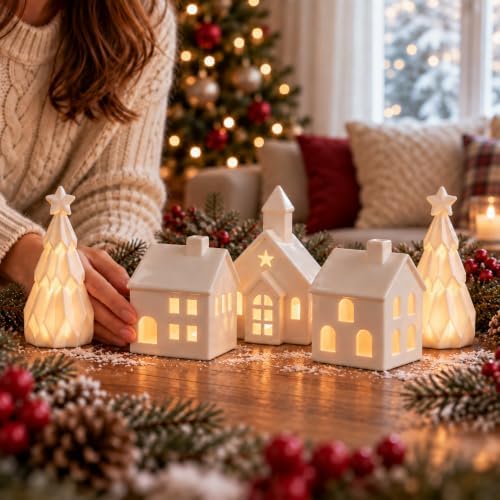 Christmas Village Sets, 5-Piece Ceramic Houses and Pine Trees, Xmas Decor