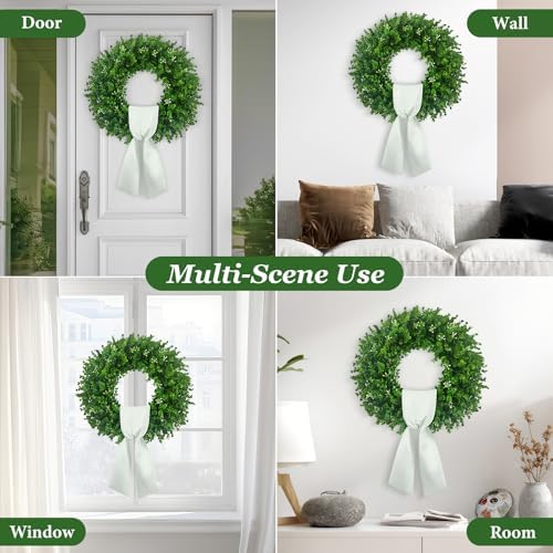 24'' Boxwood Wreaths Front Door, Foldable Green Wreath with a Sash