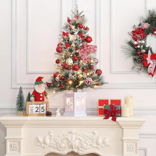 3 ft Christmas Tree with Snowflake Base, Fiber Optic Light-Style Artificial Christmas Tree, 78 Led Lights, Red Berry Decorations, Holiday Ready, Easy Installation, 2-Piece Set