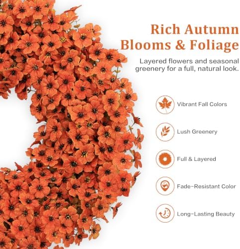 20" Orange Fall Wreath for Front Door, Artificial Mums Autumn Wreath