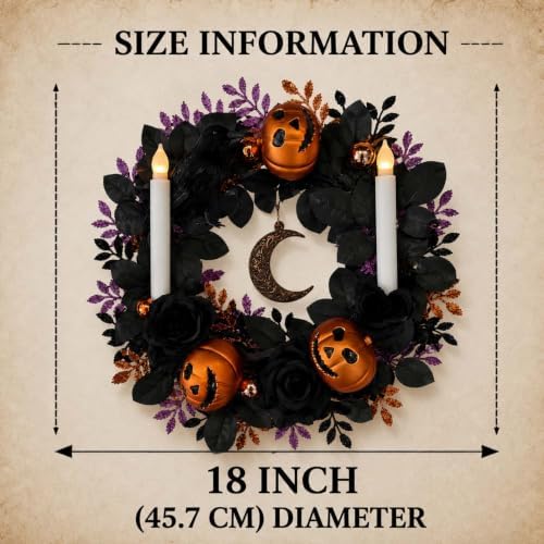 18'' Halloween Wreath with Lights, Black Roses, Crow, Pumpkin