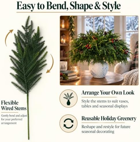 20-Piece Set 23" Norfolk Pine Stems, Norfolk Pine Branches with LED Lights