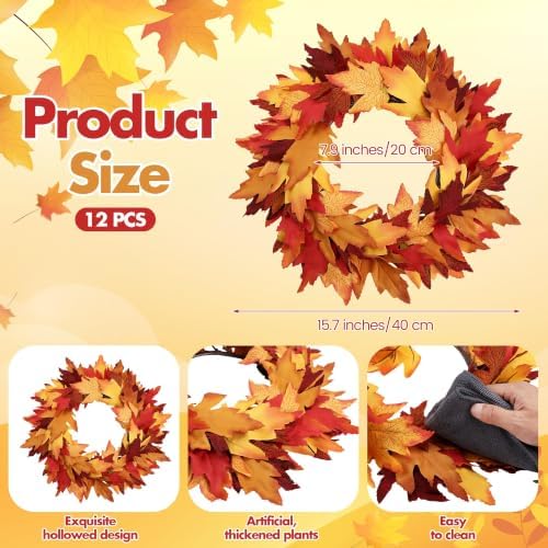Aneco 12 Pcs Fall Wreath 16’’ Thanksgiving Maple Leaf Wreath for Front Door