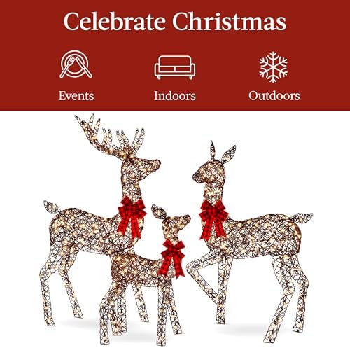 Best Choice Products 6.5ft 3-Piece Large Lighted Christmas Deer Family Set, Outdoor Yard Decoration with 385 LED Lights, Stakes, Zip Ties - Rattan