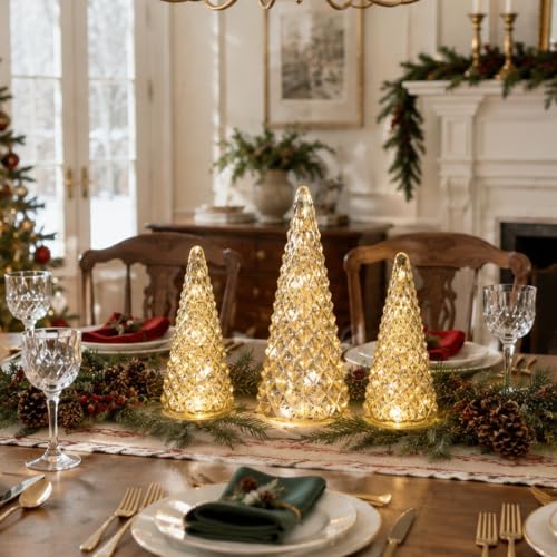 Christmas Decorations Indoor, YEAHOME Set of 3 Pre-lit Gold Glass Christmas Tree for Home Decor, Christmas Table Decorations Lighted Xmas Tree with Timer for Living Room Mantel Tabletop Party