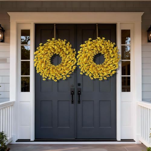 24" Artificial Yellow Forsythia Flower Wreath for Front Door Decor (Yellow)