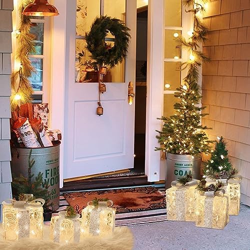 Vanthylit Christmas Lighted Gift Boxes, Set of 3 White Gift Box with 48 Warm White Lights, Outdoor Decorations Plug in for Yard Lawn Porch Holiday