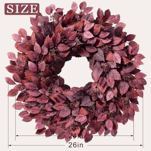 26" Artificial Hibiscus Leaves Fall Wreath for Front Door Decor(Autumn Red)