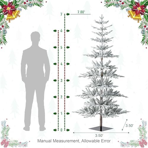 Glitzhome 7ft Deluxe Pre-Lit Flocked Artificial Christmas Tree Serene Snowscape Fir for Home, Office, Party Decoration with 400 Warm White Lights, Metal Hinges & Base, Easy Assembly