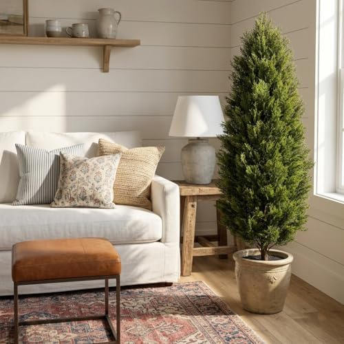 Artificial Cedar Tree Set of 2 – 5ft UV-Resistant Faux Evergreen Potted Tree, Cone-Shaped Decorative Indoor & Outdoor Cedar Tree for Front Porch, Entryway, Patio, Living Room