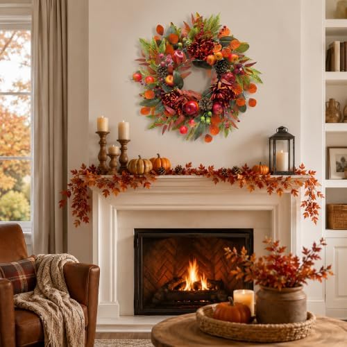 Svndlyn 22 Inch Fall Front Door Wreath with Faux Apples, Pinecones and Mums