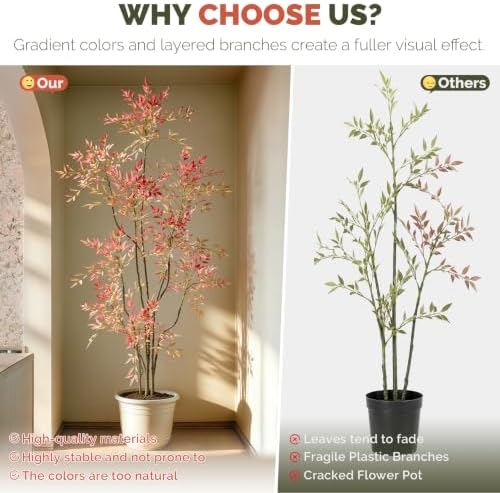 7.2ft Faux Bamboo Tree Artificial Nandina Tree Artificial Indoor Plants Realistic Fake Potted Tree with 800+ Leaves, Cement Planter - Home Office Decor Perfect for Housewarming Gift Non-Toxic