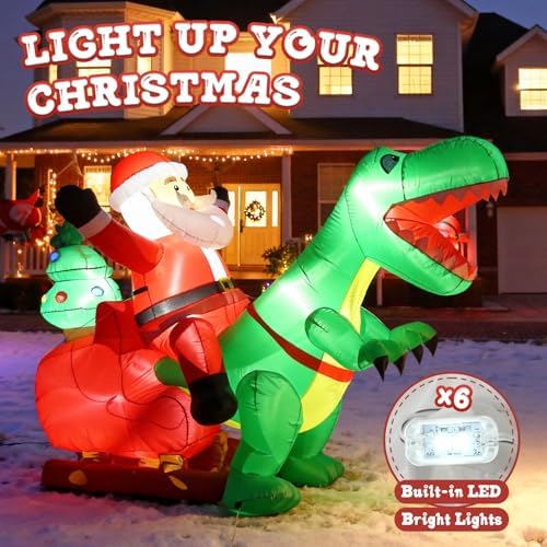 8.2FT Inflatable Santa Riding Dinosaur with LED Lights for Yard