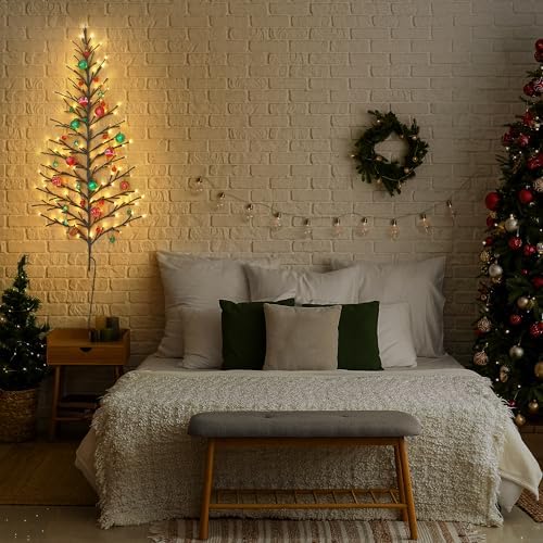 5 FT 144 LED Lighted Wall Christmas Tree with Decorative Balls, 8 Light Modes Plug in Half Christmas Tree, Hanging Flat Mounted Trees for Holiday Apartment Room(Black, Red and Green)