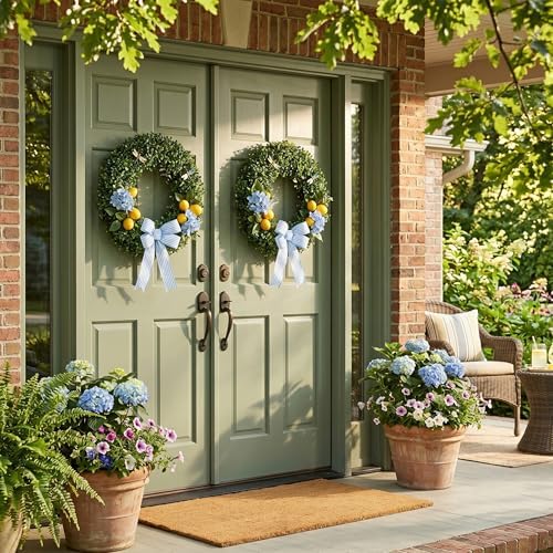 Pure Garden Round Boxwood Wreath for Front Door, Green, 19.5” x 2.5”