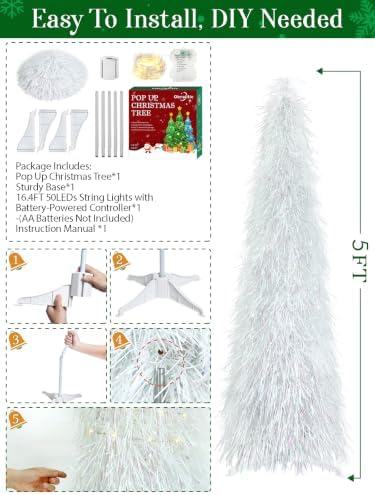 5 FT Shaggy Pop Up Christmas Tree with 50 Timer Lights, White Collapsible Artificial Tinsel Christmas Pencil Tree for Home Apartment Office Holiday Party Decor, Easy Assembly