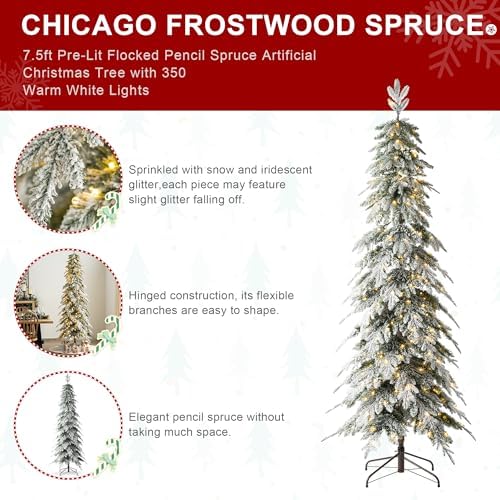 Glitzhome 7.5ft Artificial Christmas Tree, Pre-Lit Flocked Pencil Christmas Tree Chicago Frostwood Spruce with 350 Warm White Lights Home, Office, Holiday Decoration