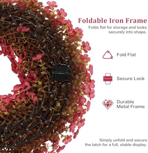 20" Burgundy Fall Wreath for Front Door, Artificial Mums Autumn Wreath