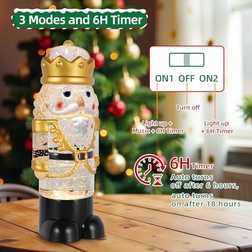 Nutcracker Christmas Snow Globe Lantern with 8 Music Songs & 6H Timer Water Snow Globe Lantern USB & Battery Operated for Christmas Festival Decorations Gifts (Gold Nutcracker)