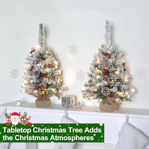 2 Pack 24"/2FT Thick Snow Flocked Tabletop Christmas Tree Battery Operated