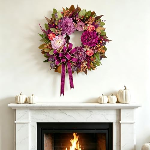 Fall Wreaths for Front Door 24" Vintage Autumn Wreath with Velvet Bow