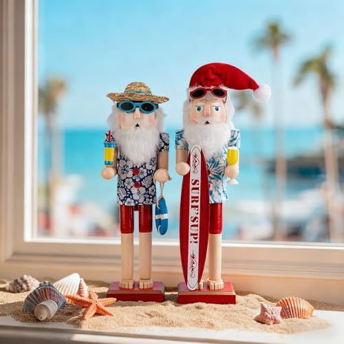 15 Inch Christmas Nutcracker Wooden Summer Nautical Surfer Santa Nutcracker Figure Beach Tabletop Centerpieces Festival Florida Tropical Shelves Decorations (Surfboard+Swim Ring)