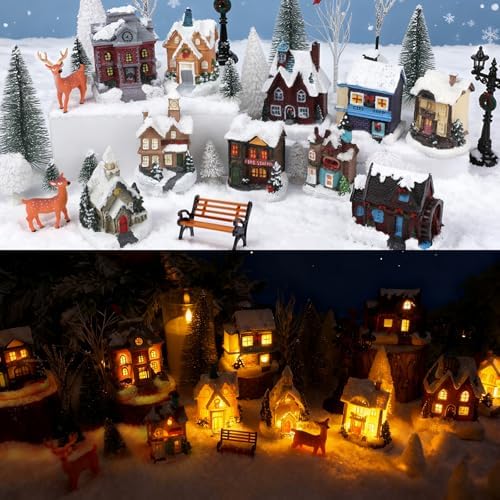 32 Pcs LED Christmas Village Set, 10 Resin Christmas Village Houses with Figurines Decoration Xmas Town Building Collection Trees Lamp Post Scenes for Tabletop Mantel Holiday Display Gift (Style A)