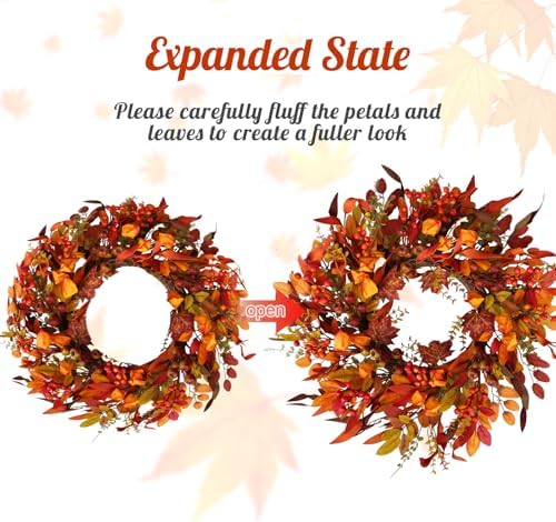24 inch Berry Branches Fall Wreath for Front Door with Colorful Leaves