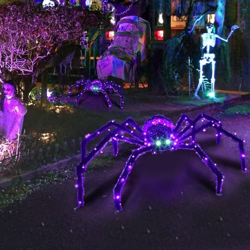 Halloween Decorations Outside Giant Spider - HOYECHI Outdoor Halloween Decor Lighted Spider 4.2FT, Light Up Spider with 90 LED Lights, Ground Stakes, for Front Yard Porch Gardens Lawns Party