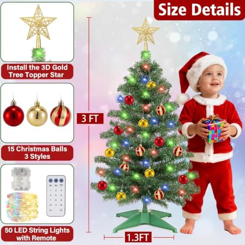 3 Ft Artificial Christmas Tree for Tabletop, Mini Xmas Tree with 4-Leg Stable Base, Small Xmas Tree for Indoor Outdoor Holiday Home Office Party Christmas Decorations (Green)
