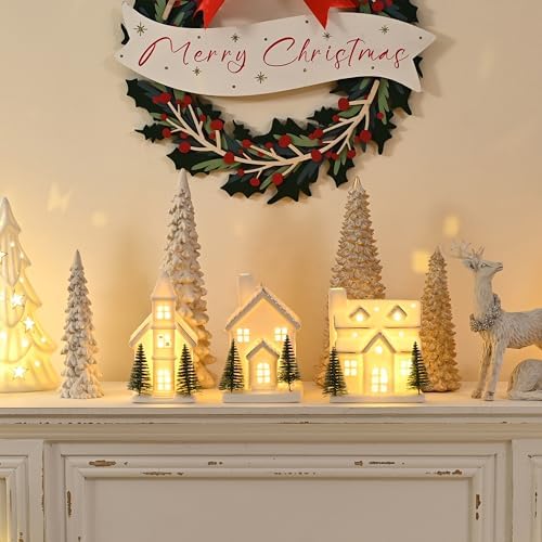 Ceramic White Christmas Village Houses, Light Up Porcelain Village Houses