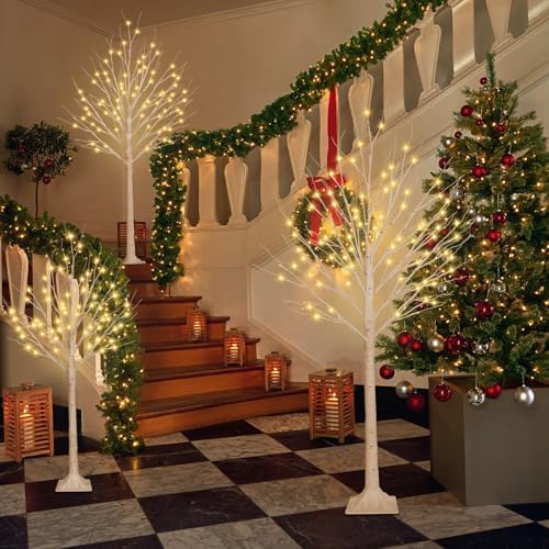 3 Pack 4/5/6FT Lighted Birch Tree, 300LED Twinkling Tree Lights, Warm White