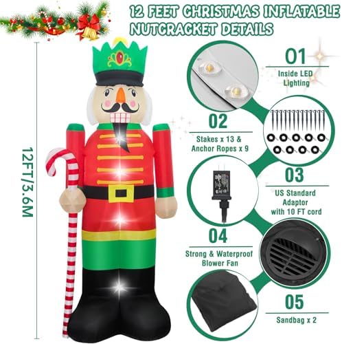Evoio 12 Ft Giant Christmas Nutcracker Inflatables Decorations Blow Up Nutcracker Holding a Candy Cane, Large Light up Inflatable Nutcracker for Outdoor Yard Outside Christmas Decorations