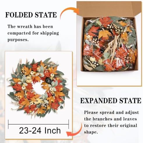 Realistic Fall Wreath with Lights/Timer 24 inch Fall Wreaths for Front Door with Pumpkins Autumn Wreath for Thanksgiving Outdoor Indoor Farmhouse Harvest Fall Decorations for Home Porch Decor