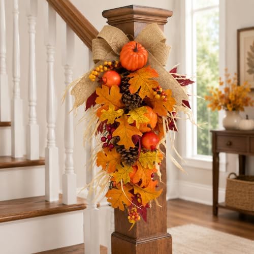21 Inch Lighted Fall Teardrop Swag with Pumpkins and Pinecones
