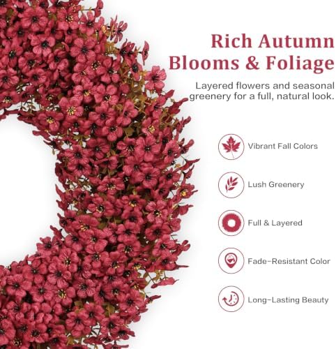 24" Burgundy Fall Wreath for Front Door, Artificial Mums Autumn Wreath