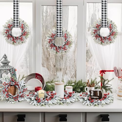 12 Pcs 9.5'' Small Christmas Kitchen Cabinet Wreaths with Adjustable Ribbon Mini Hanging Christmas Wreath Candle Rings Artificial Norfolk Pine Wreath for Door Window Wall (White & Black Plaid)